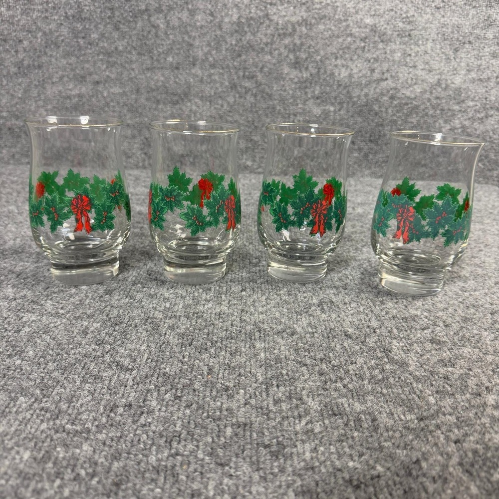 Vintage Libbey Glass Set of 4 Holly Berry Garland Gold Rim Holiday Tumbler